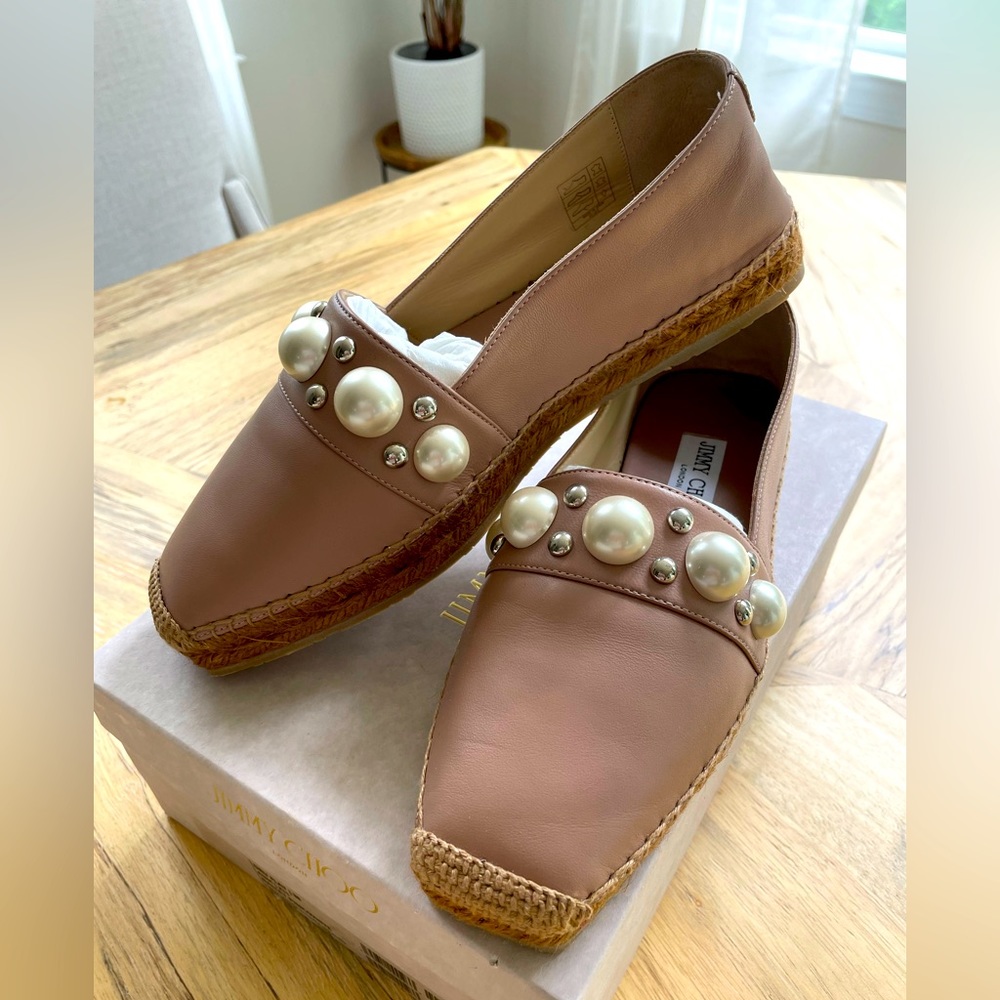 Jimmy Choo Dru Embellished Leather Espadrilles Ballet Pink Size 38